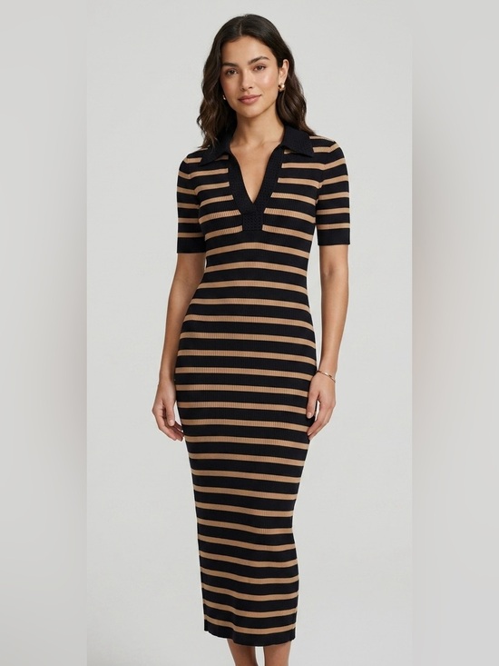Caroline Constas Dresses & Skirts - Caroline Constas Striped Ribbed Knit Polo Midi Dress Tan Black size XS